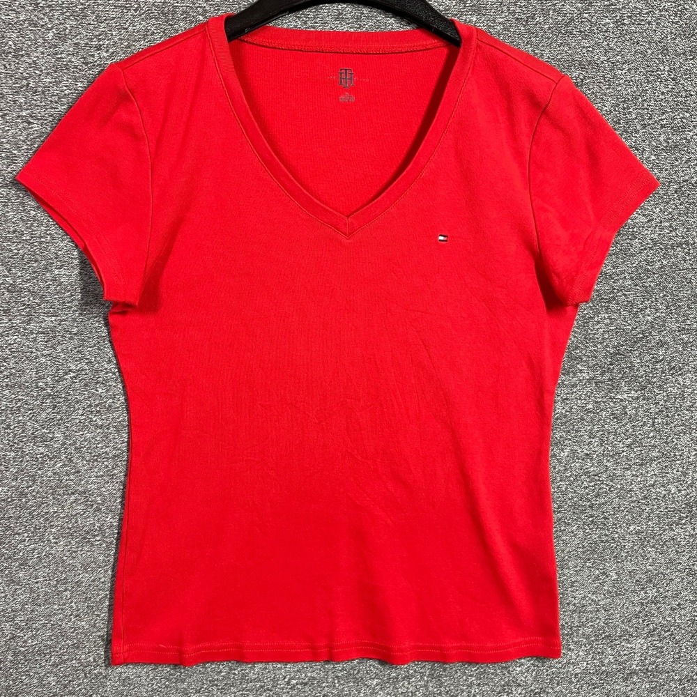 Tommy Hilfiger Womens V-Neck Short Sleeve Ribbed T-Shirt Red Logo Size Large